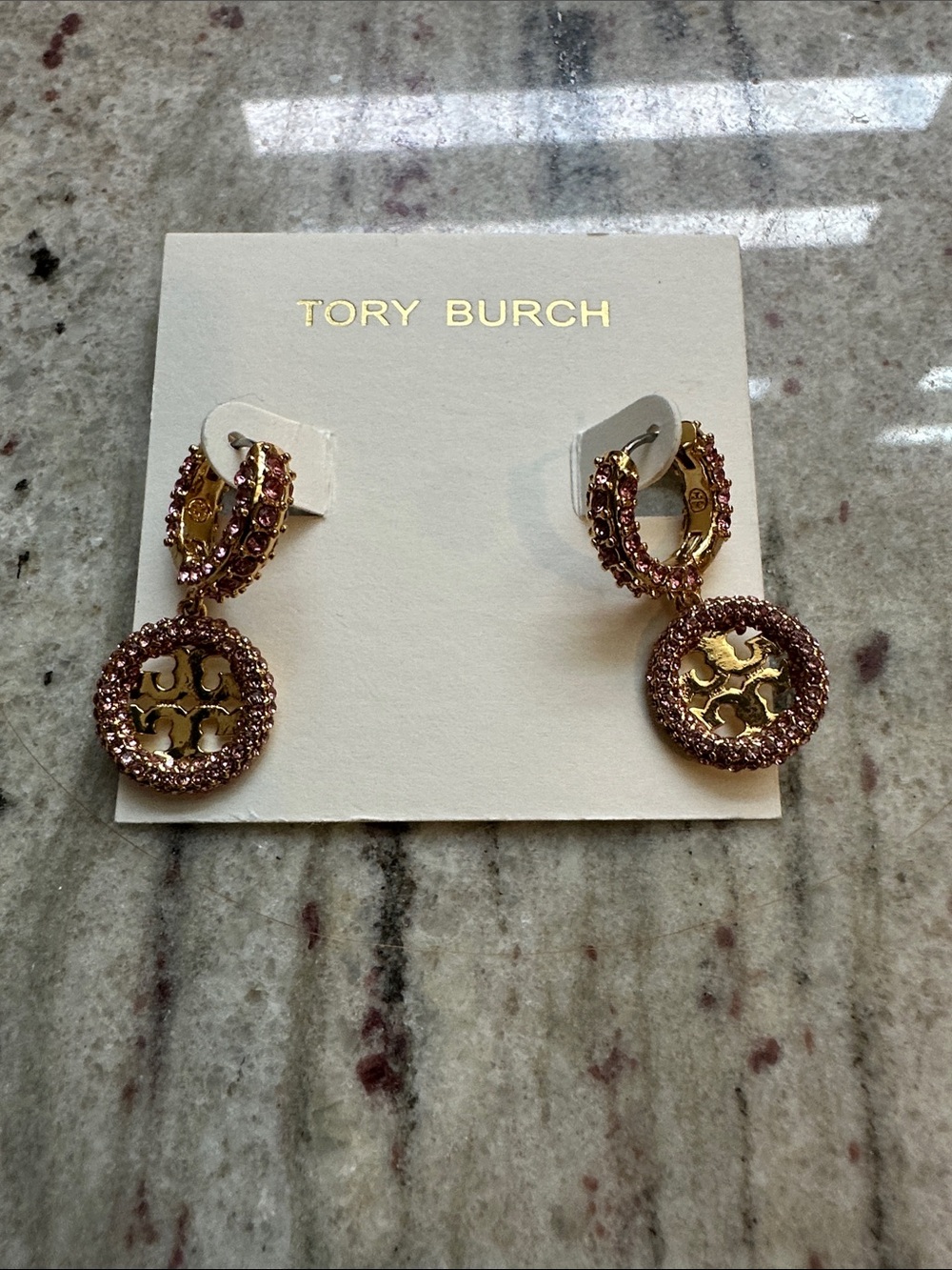 Tory Burch Pink Crystal Logo Drop Earrings - Picture 2 of 3